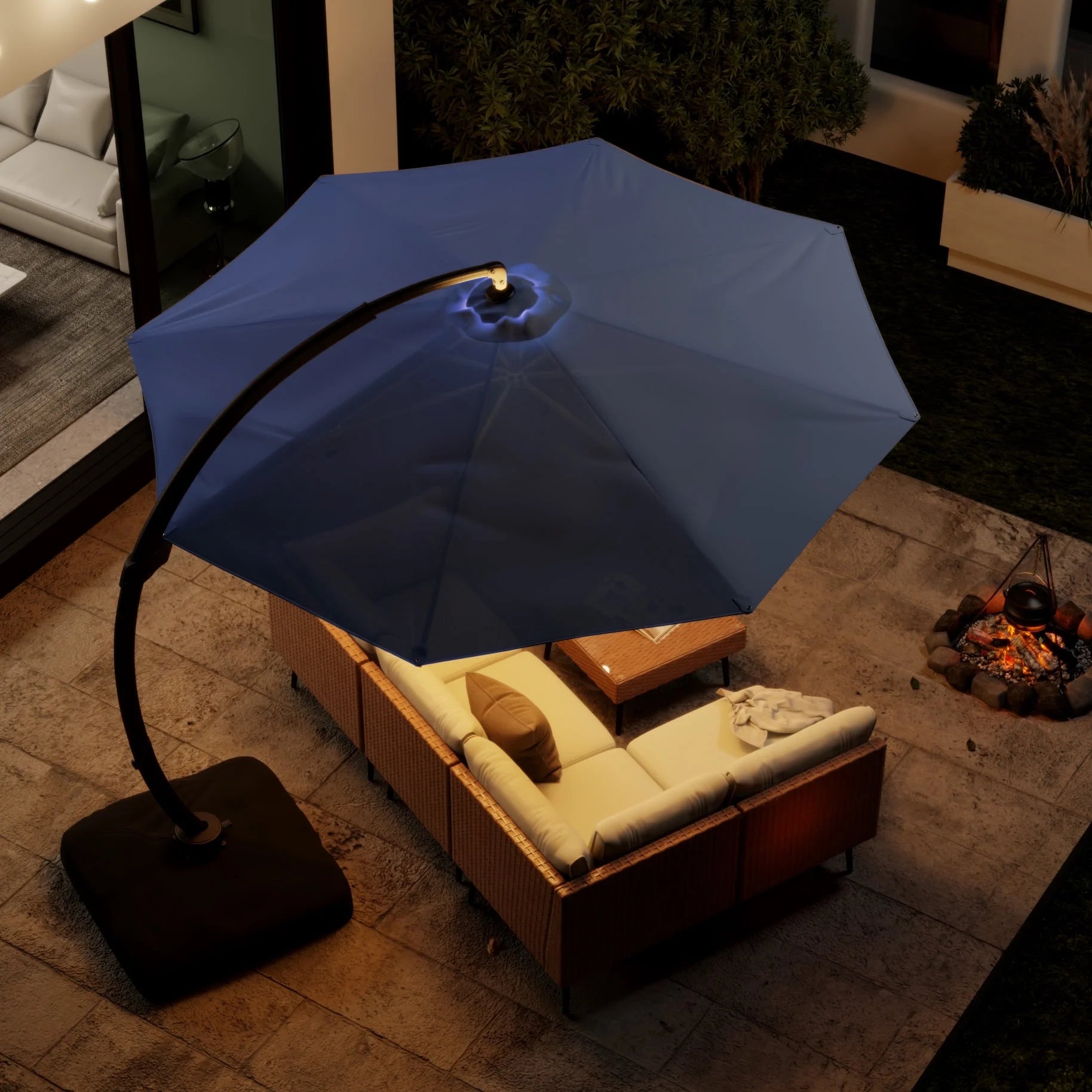LAZZO 11FT Patio Umbrella with Solar Powered LED Light and Base, Outdoor Deluxe Cantilever Cantilever Umbrella for Patio Pool Deck, Navy Blue