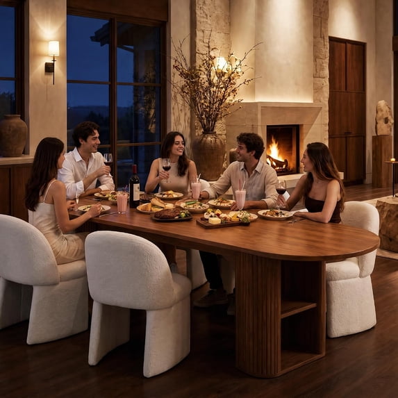 LAZZO Round Extendable Dining Table, 63"-79" Oval Wooden Kitchen Table for 4-6, Walnut