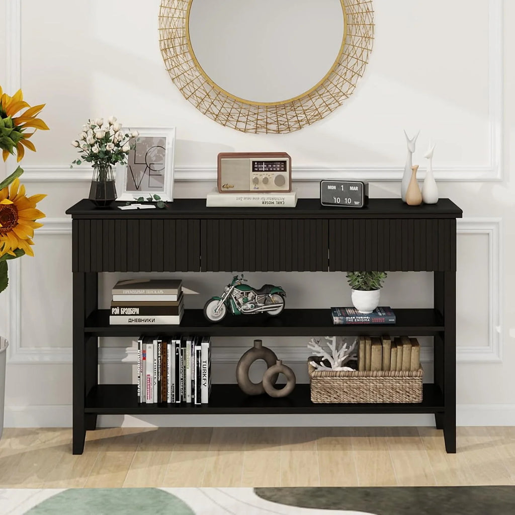 LAZZO Modern Fluted Console Table, Narrow Long Behind Couch Sofa Entryway Table with 3 Drawers & 2-Tier Open Shelf, Black