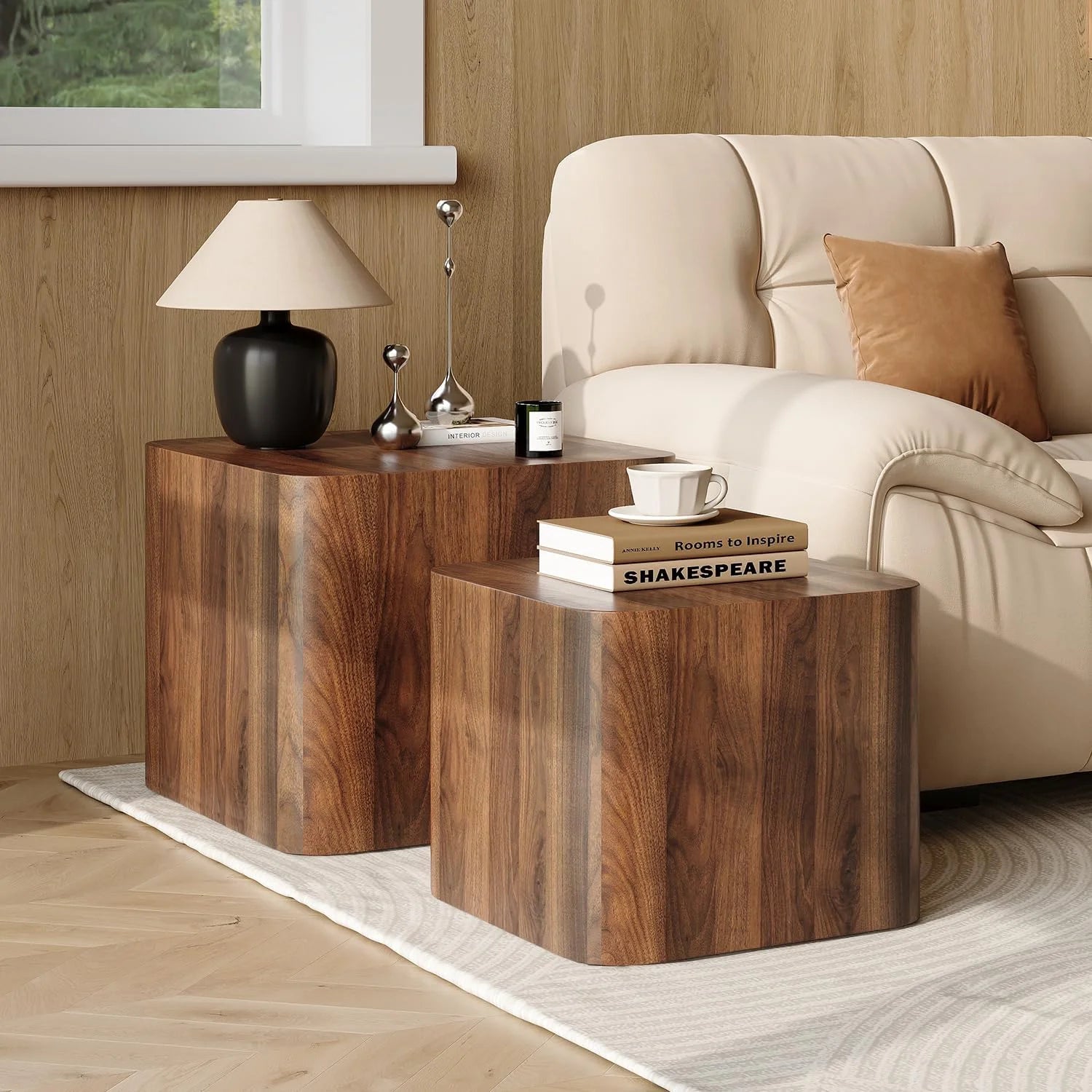 LAZZO Nesting Coffee Table Set of 2, Modern Wooden Coffee Table & End Table, Small Side Tables for Living Room, Bedroom & Apartment, Brown