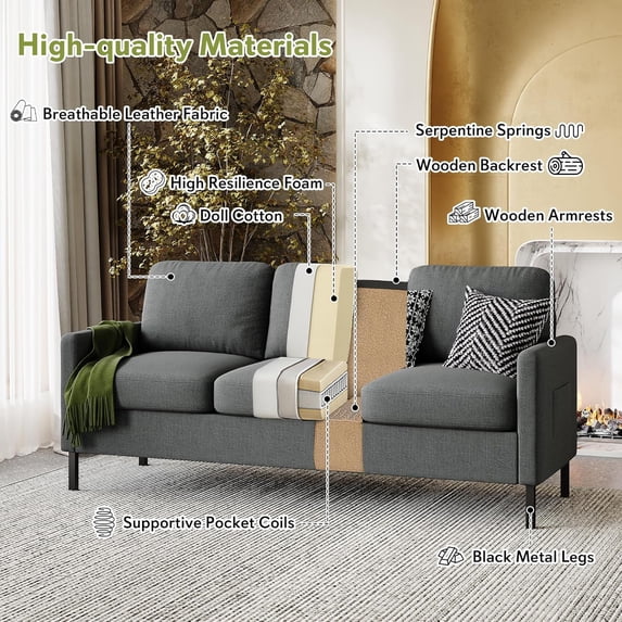 LAZZO 72" Linen Fabric Couch, 3-Seater Sofa with USB Charging Ports and Side Pockets for Living Room, Bedroom and Office, Dark Gray
