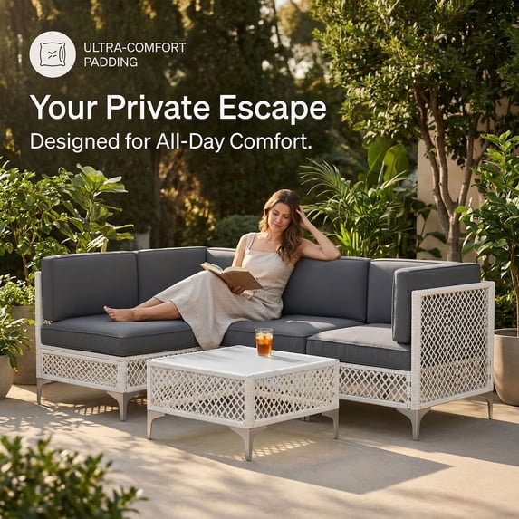 LAZZO 5-Piece Patio Furniture Set, Outdoor Wicker Conversation Set with Thick Cushions & Coffee Table for Backyard and Garden, Gray