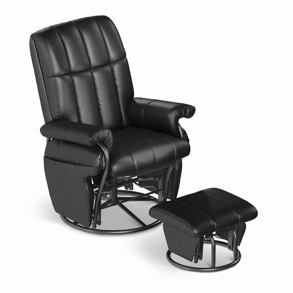 LAZZO Swivel Glider Recliner with Ottoman, 360° Rocking Chair with Footrest & Side Pockets, Living Room Bedroom Office Recliner, Black