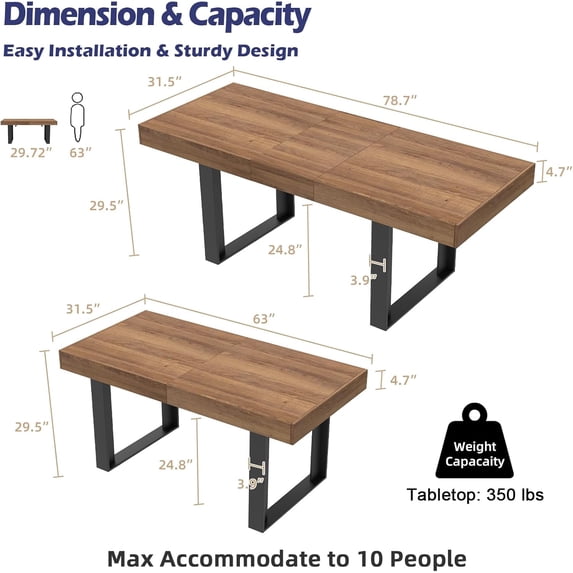 LAZZO Farmhouse Rustic Extendable Dining Table, 63"-79" Rectangular Wooden Kitchen Table for 4-8, Brown