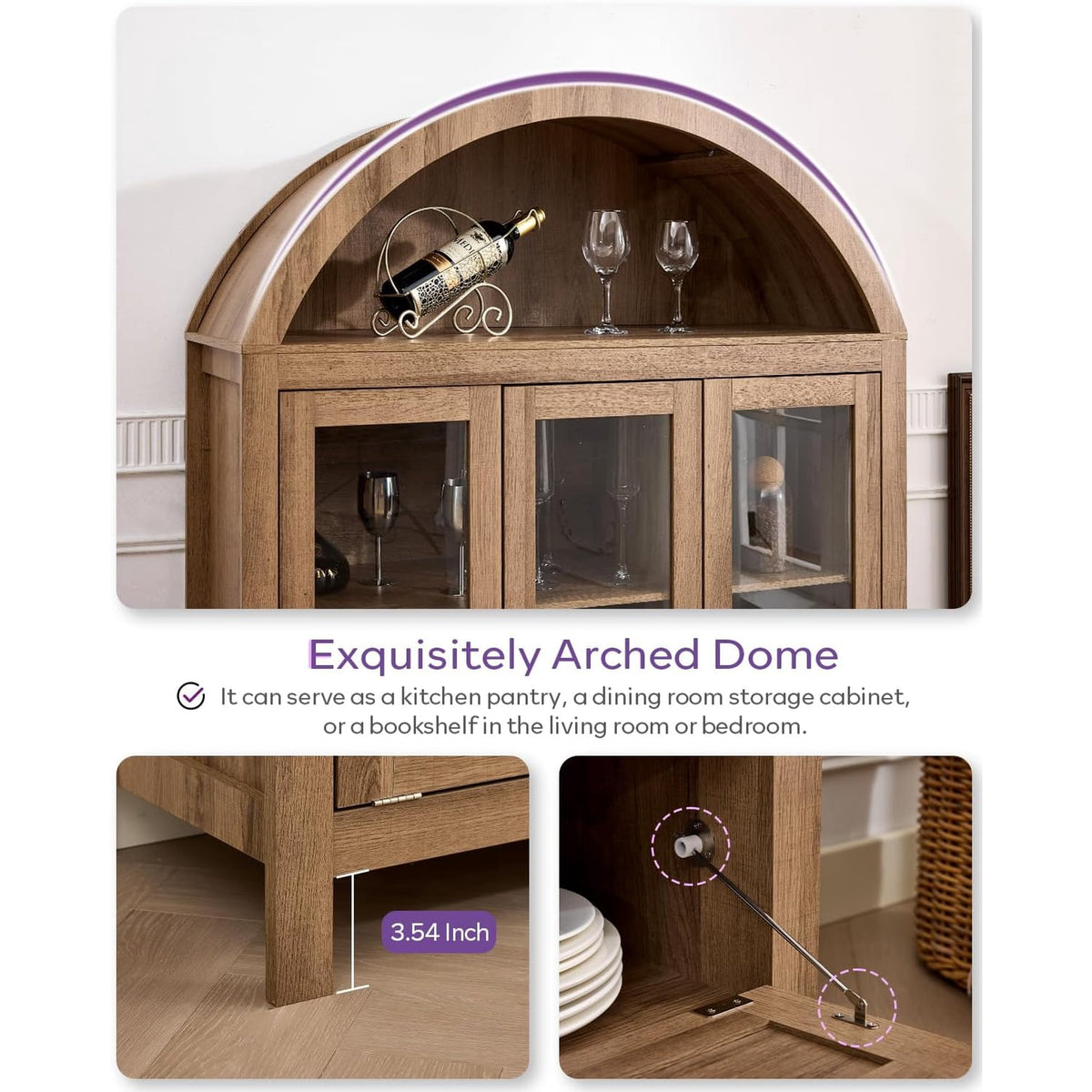 LAZZO 75" Arched Pantry Cabinet with Glass Doors, Rattan Drawers and Anti-Tipping Storage Cupboard for Kitchen and Living Room, Natural Wood