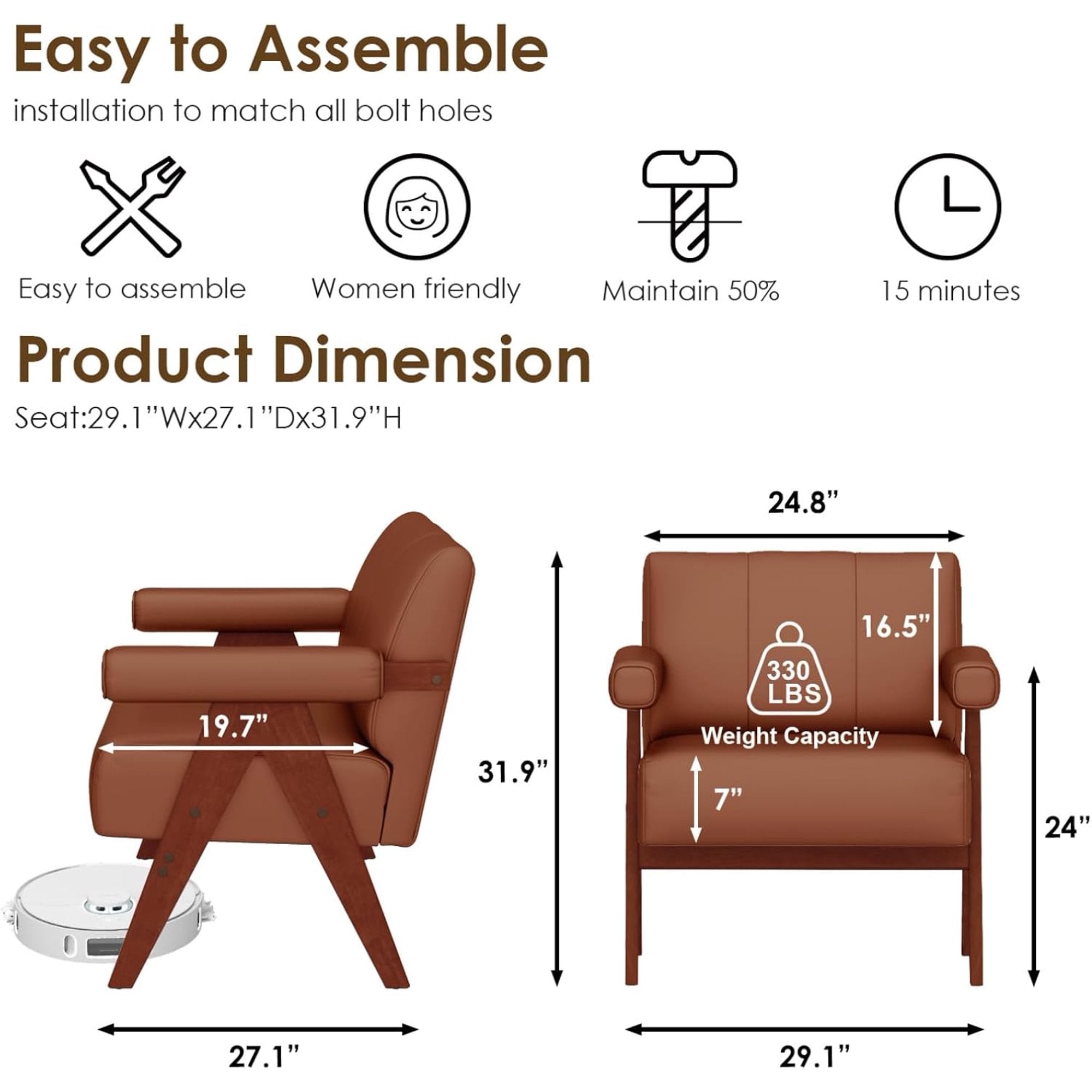 LAZZO Accent Chair, Mid-Century Modern Leather Armchair, Single Lounge Chair for Living Room & Lobby Waiting Area, Brown