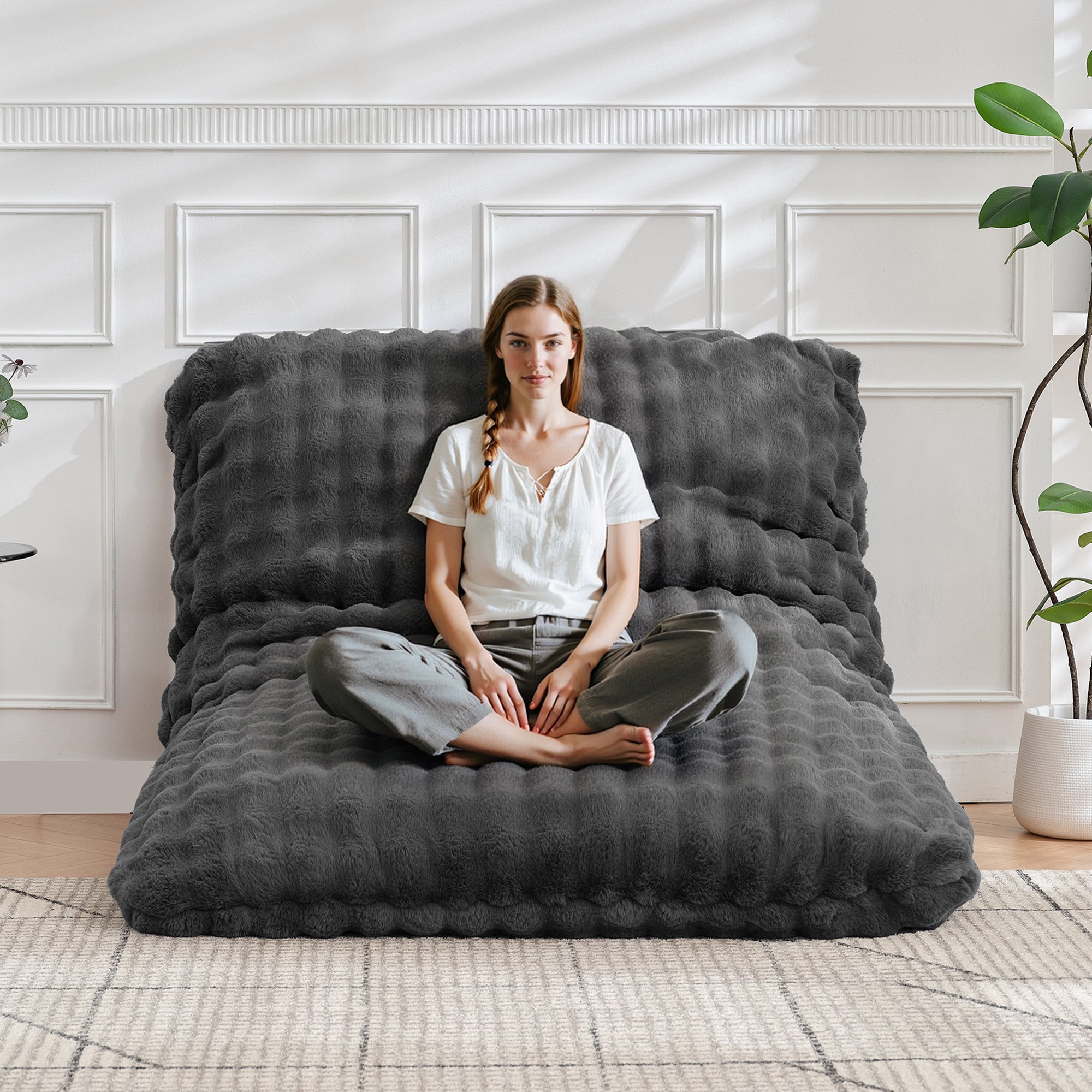 TYBOATLE 3 in 1 Giant Bean Bag Chair for Adults, Plush Fluffy Bean Bag Couch w/High-Density Memory Foam Filling, Convertible Floor Sofa to Mattress for Dorm, Apartment, Bedroom (Grey)