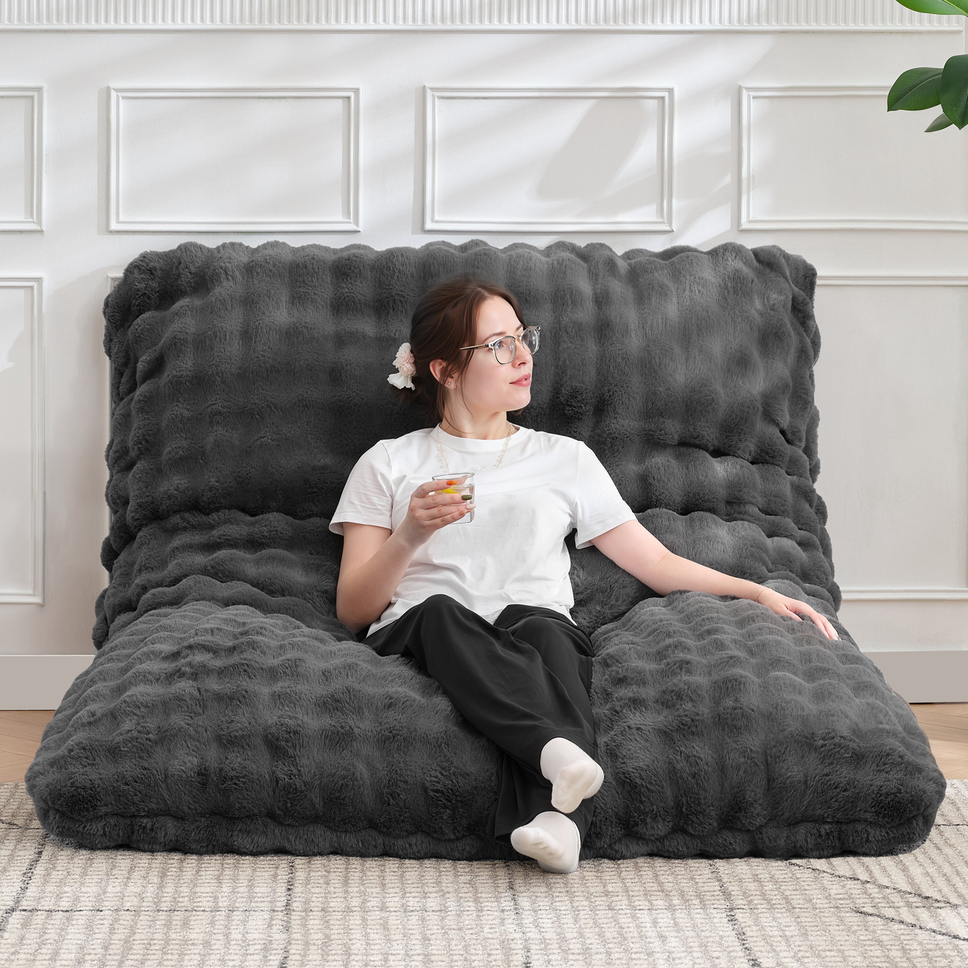 TYBOATLE 3 in 1 Giant Bean Bag Chair for Adults, Plush Fluffy Bean Bag Couch w/High-Density Memory Foam Filling, Convertible Floor Sofa to Mattress for Dorm, Apartment, Bedroom (Grey)