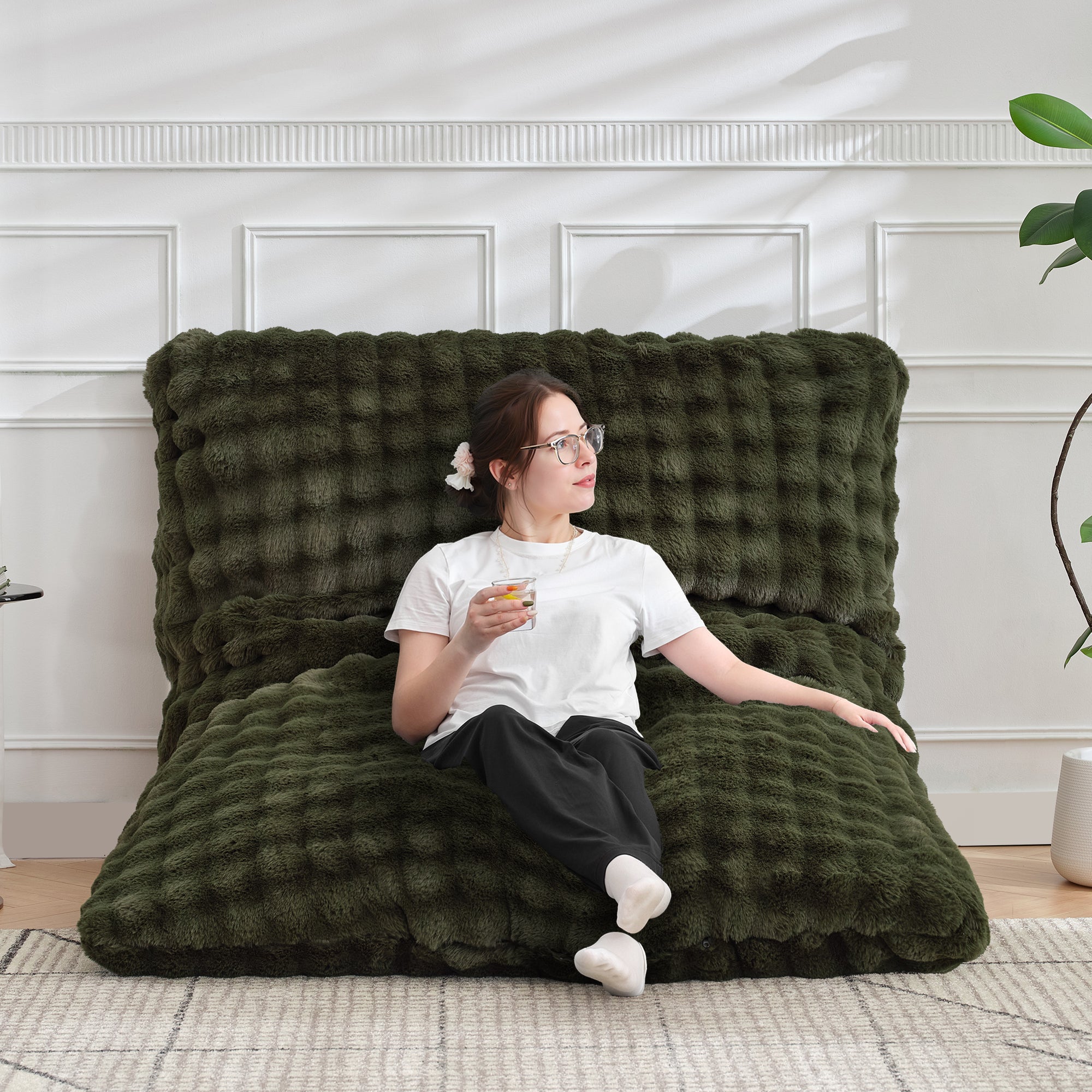 TYBOATLE 3 in 1 Giant Bean Bag Chair for Adults, Plush Fluffy Bean Bag Couch w/High-Density Memory Foam Filling, Convertible Floor Sofa to Mattress for Dorm, Apartment, Bedroom (Green)