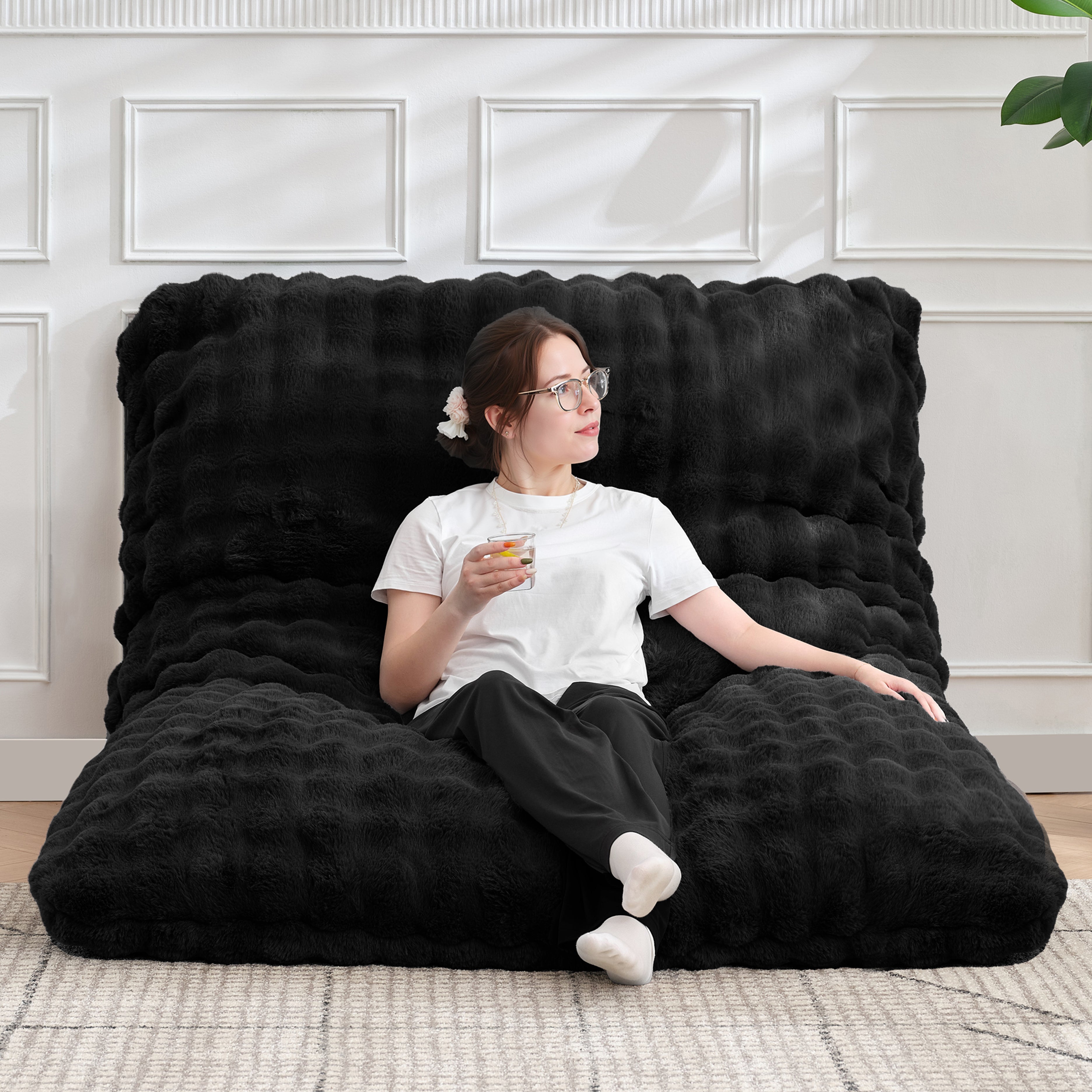TYBOATLE 3 in 1 Giant Bean Bag Chair for Adults, Plush Fluffy Bean Bag Couch w/High-Density Memory Foam Filling, Convertible Floor Sofa to Mattress for Dorm, Apartment, Bedroom (Black)