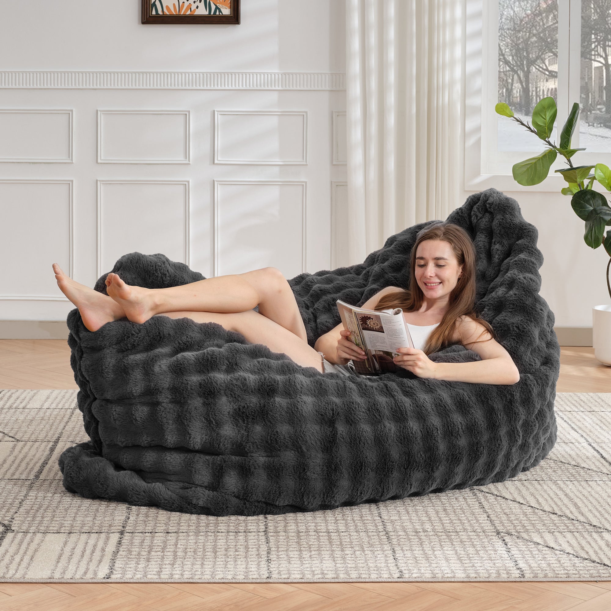TYBOATLE 3 in 1 Giant Bean Bag Chair for Adults, Plush Fluffy Bean Bag Couch w/High-Density Memory Foam Filling, Convertible Floor Sofa to Mattress for Dorm, Apartment, Bedroom (Grey)