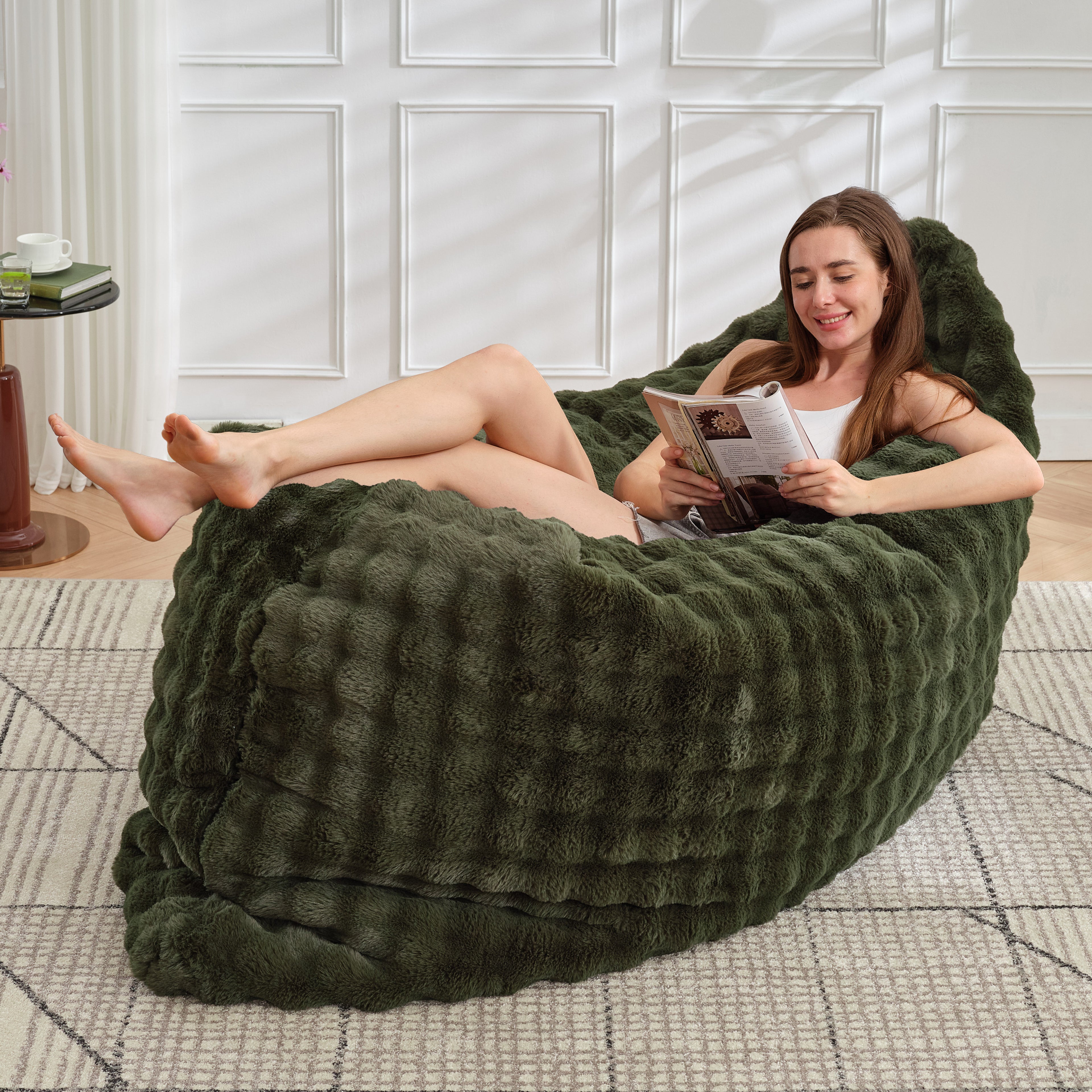 TYBOATLE 3 in 1 Giant Bean Bag Chair for Adults, Plush Fluffy Bean Bag Couch w/High-Density Memory Foam Filling, Convertible Floor Sofa to Mattress for Dorm, Apartment, Bedroom (Green)