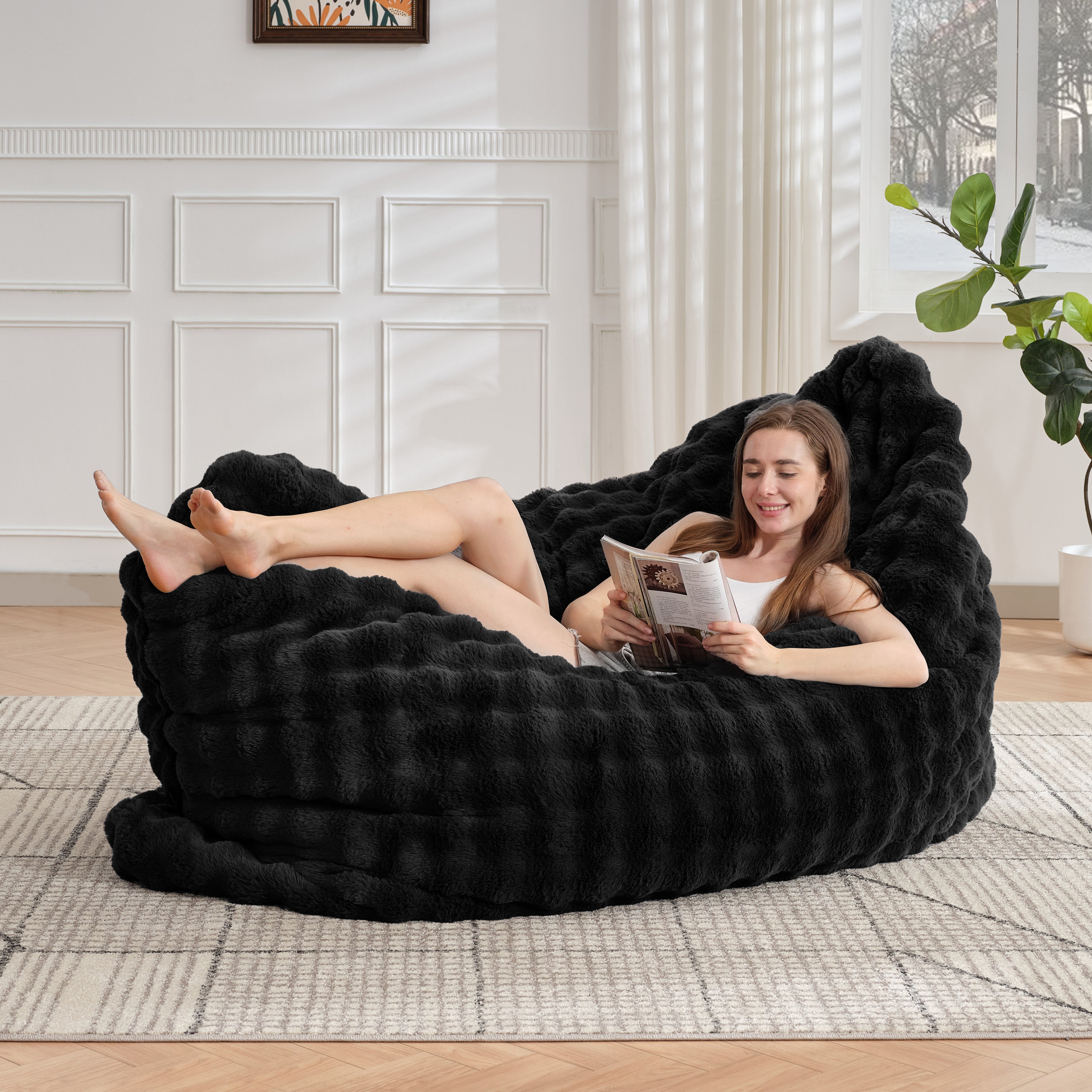 TYBOATLE 3 in 1 Giant Bean Bag Chair for Adults, Plush Fluffy Bean Bag Couch w/High-Density Memory Foam Filling, Convertible Floor Sofa to Mattress for Dorm, Apartment, Bedroom (Black)