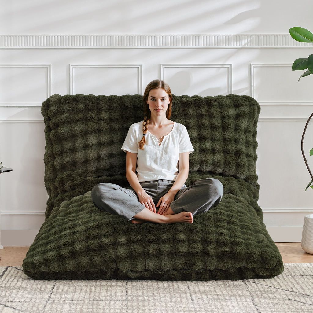 TYBOATLE 3 in 1 Giant Bean Bag Chair for Adults, Plush Fluffy Bean Bag Couch w/High-Density Memory Foam Filling, Convertible Floor Sofa to Mattress for Dorm, Apartment, Bedroom (Green)