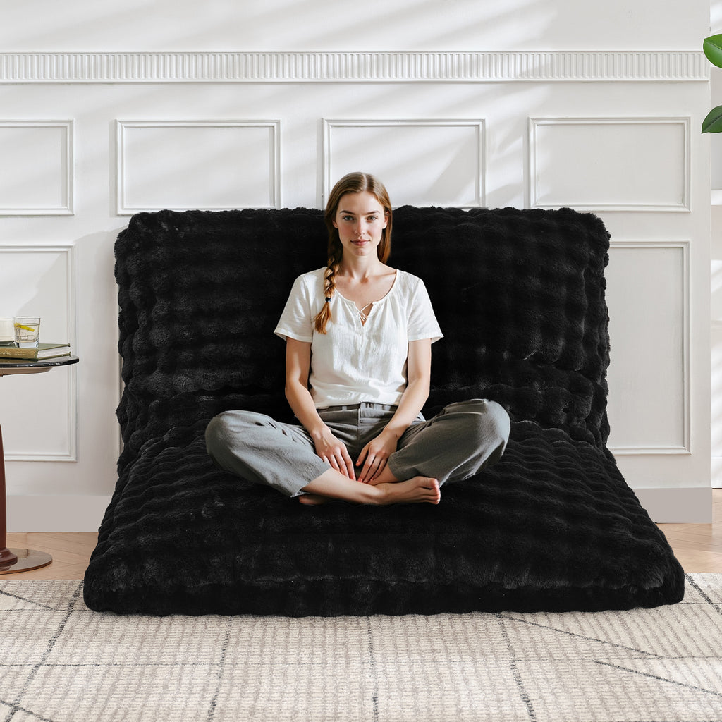 TYBOATLE 3 in 1 Giant Bean Bag Chair for Adults, Plush Fluffy Bean Bag Couch w/High-Density Memory Foam Filling, Convertible Floor Sofa to Mattress for Dorm, Apartment, Bedroom (Black)