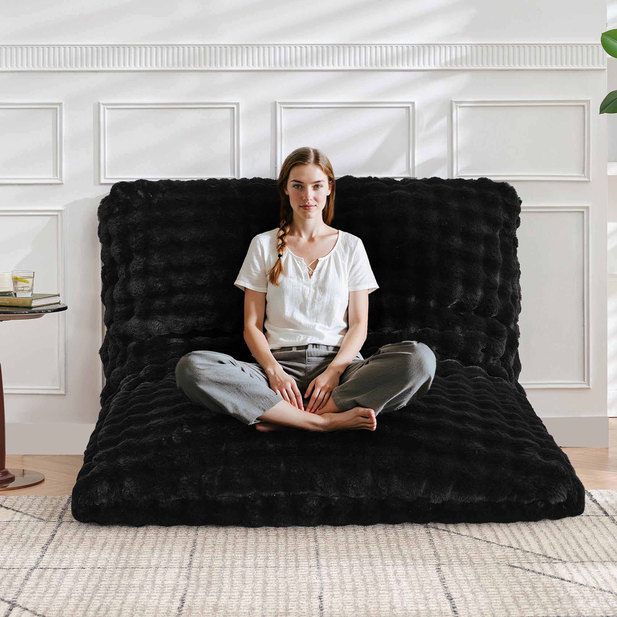 TYBOATLE 3 in 1 Giant Bean Bag Chair for Adults, Plush Fluffy Bean Bag Couch w/High-Density Memory Foam Filling, Convertible Floor Sofa to Mattress for Dorm, Apartment, Bedroom (Black)