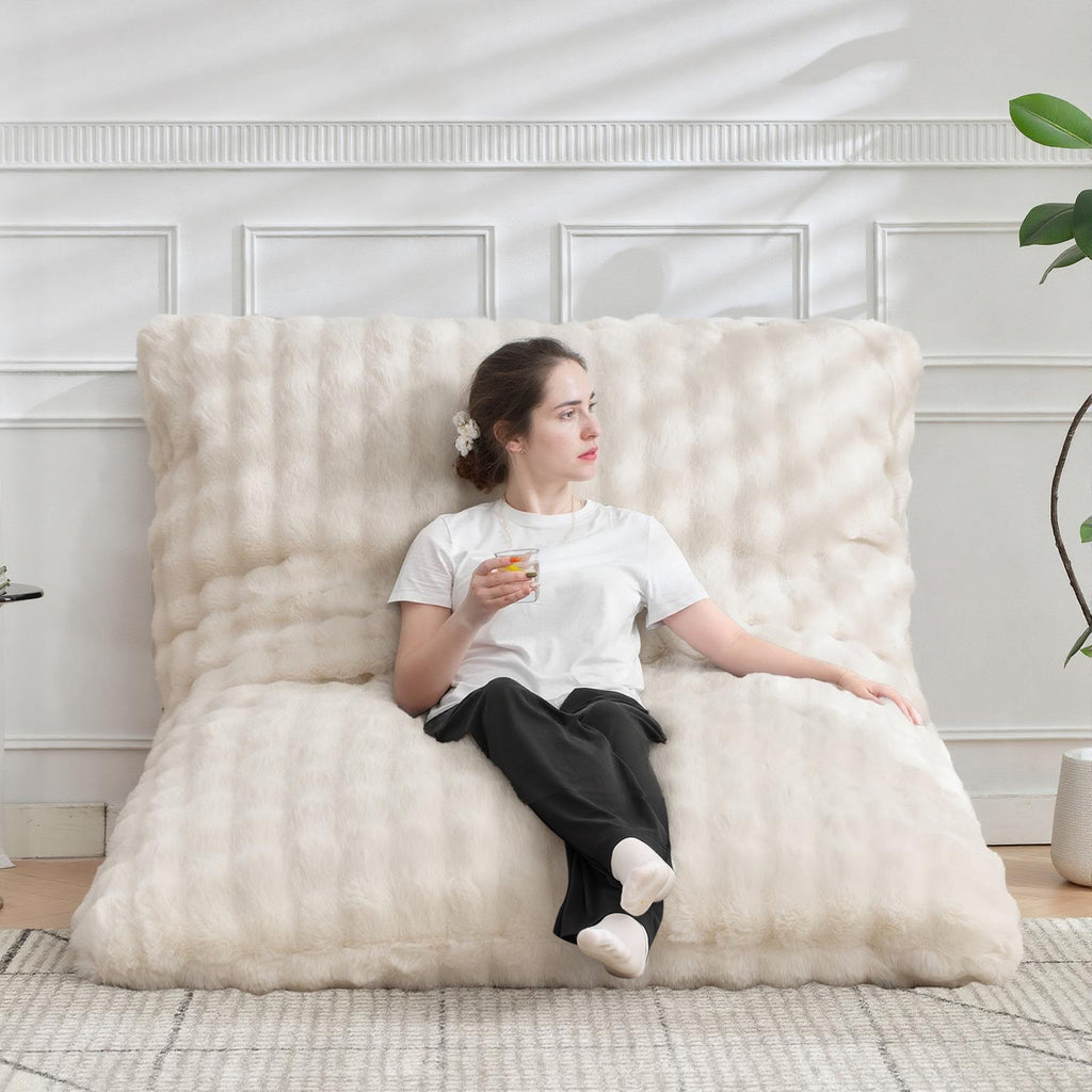 TYBOATLE 3 in 1 Giant Bean Bag Chair for Adults, Plush Fluffy Bean Bag Couch w/High-Density Memory Foam Filling, Convertible Floor Sofa to Mattress for Dorm, Apartment, Bedroom (Beige)